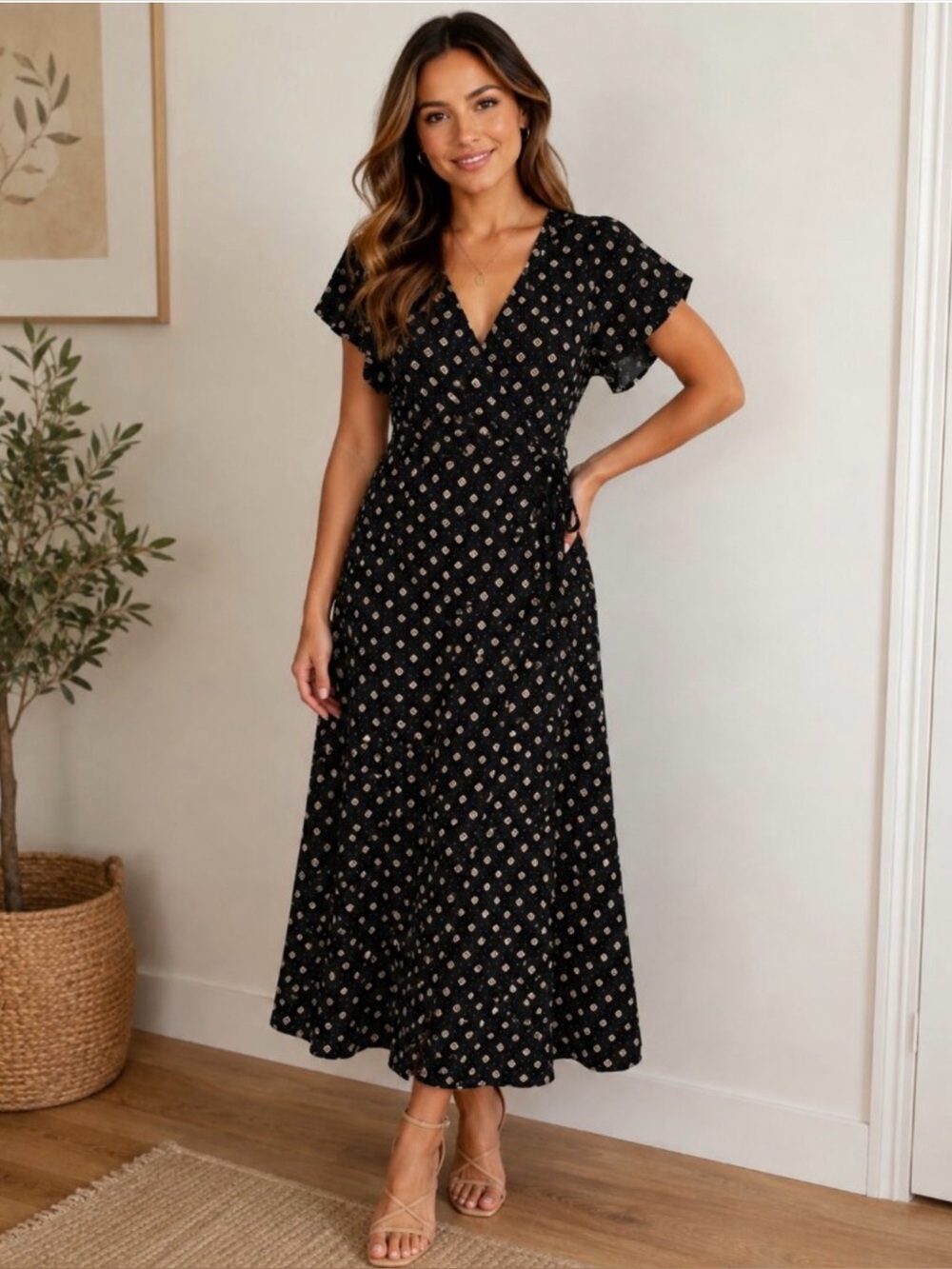 LOFT Black Maxi Dress with White Geometric Print